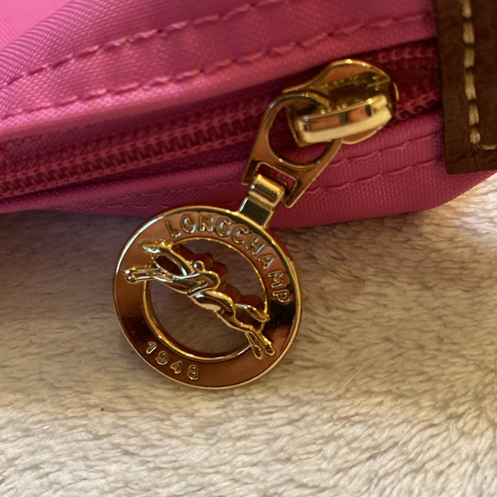 Longchamp Le Pliage small long strap #2605 pink nylon leather tote satchel purse - Picture 3 of 13